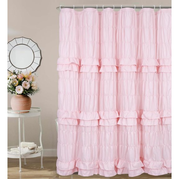 Pink Ruffle Shower Curtain, Shabby Chic Vintage Bathroom Curtains Victorian Girly Cute Aesthetic Boho Farmhouse French Country Lace Decor 72x72 inches