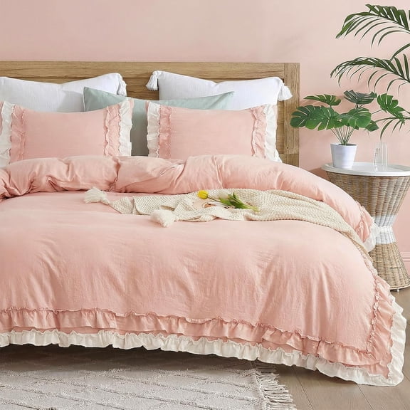 Pink Ruffled Comforter Queen Coquette Bedding Set White and Pink Ruffle Fringe Bedroom Decor Shabby Chic Farmhouse Country Comforter Set