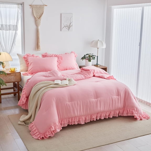 Pink Ruffled Comforter Set Twin Size 3 Pieces Farmhouse Shabby Chic Style Lightweight Soft Fluffy Bedding for Girls