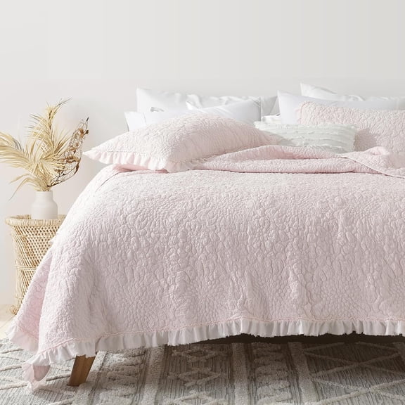 Pink Ruffled Crinkled Microfiber Quilt Queen Size Reversible Bedspread with Pillow Shams
