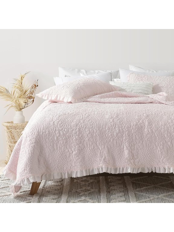 Pink Ruffled Crinkled Stone-Washed Microfiber Quilt Queen Size