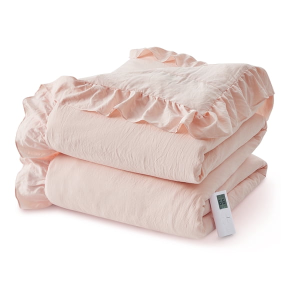Pink Ruffled Electric Quilt Cover – 90" x 104" Heated Bedding Set with Remote Control, Soft Cotton Fabric for Queen/Full Size Bed