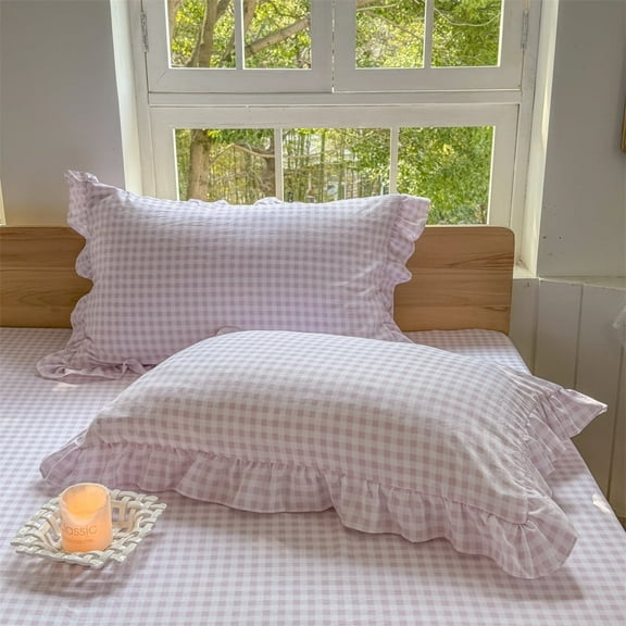 Pink Ruffled Plaid Gingham Pillow Shams 20"x30", Set of 2 Checked Pre-Washed Microfiber Farmhouse Pillowcases for Bed/Sofa (20"x30", Pink Gingham)