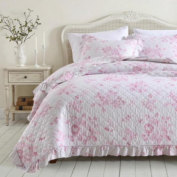 Pink Ruffled Quilt Queen Size Stone-Washed Microfiber Lightweight Crinkled Farmhouse Rustic Shabby Chic, 3 Piece Reversible Bedspread Pillow Shams All Season Bedding Set