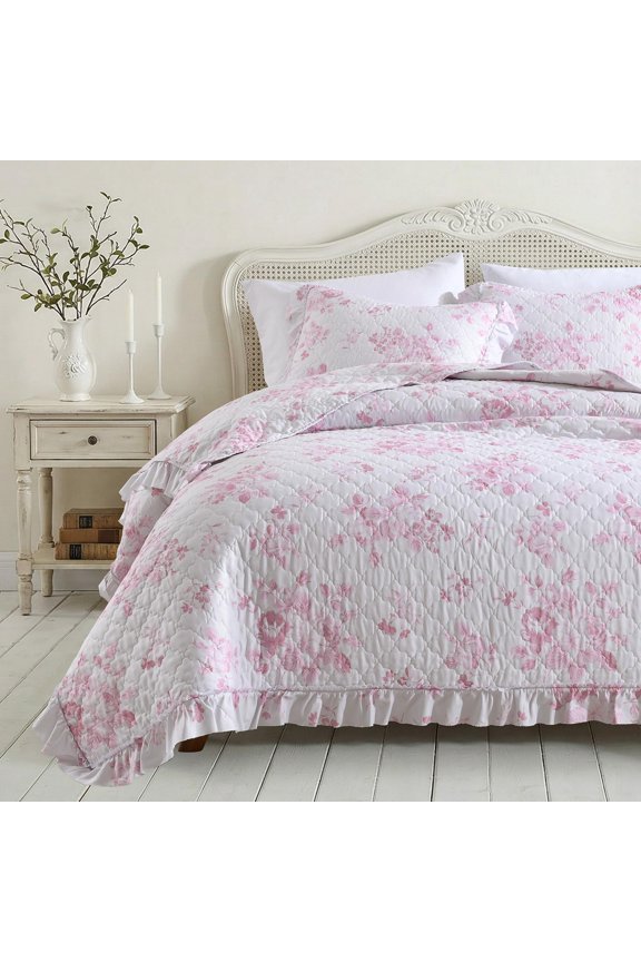 Pink Ruffled Quilt Queen Size Stone-Washed Microfiber Lightweight Crinkled Farmhouse Rustic Shabby Chic, 3 Piece Reversible Bedspread Pillow Shams All Season Bedding Set