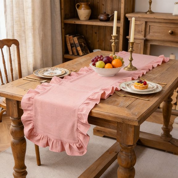 Pink Ruffled Table Runner 71 inch Cotton Scalloped Table Runner Washable Farmhouse Tablecloth Kitchen Decoration for Wedding Bride Shower