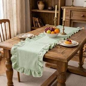Tcwhniev Cotton Ruffled Table Runner 13.7x71 Inch, Rustic Farmhouse Decor for Wedding, Birthday Party & Kitchen Table,Green