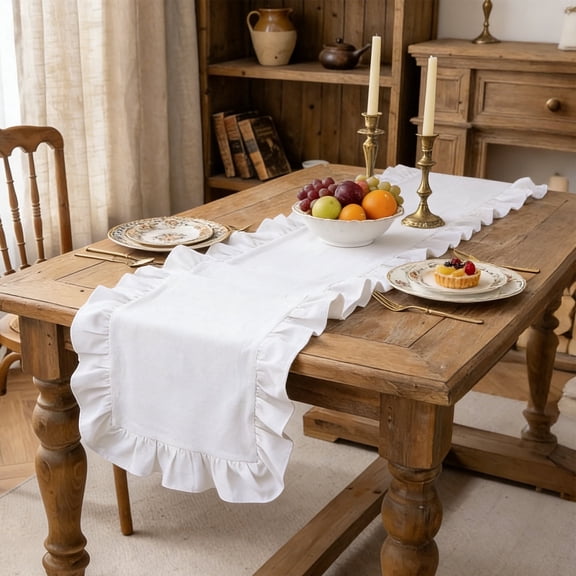 Tcwhniev White Ruffled Table Runner 13.7 x 71 Inch for Rustic Wedding Party Dining Decor(White)