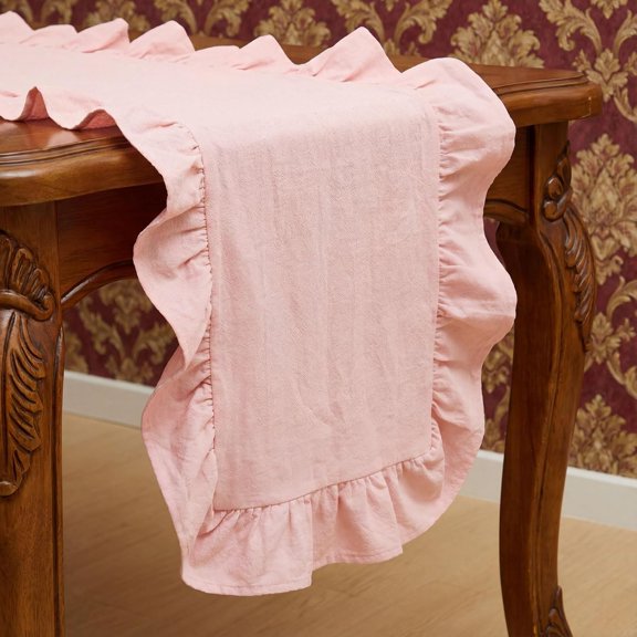 Pink Ruffled Table Runner 72 inch Scalloped Table Runner Cotton Flounces Washable Shabby Farmhouse Rustic Home Kitchen Decoration for Wedding Rectangle Bride Shower Christmas Party