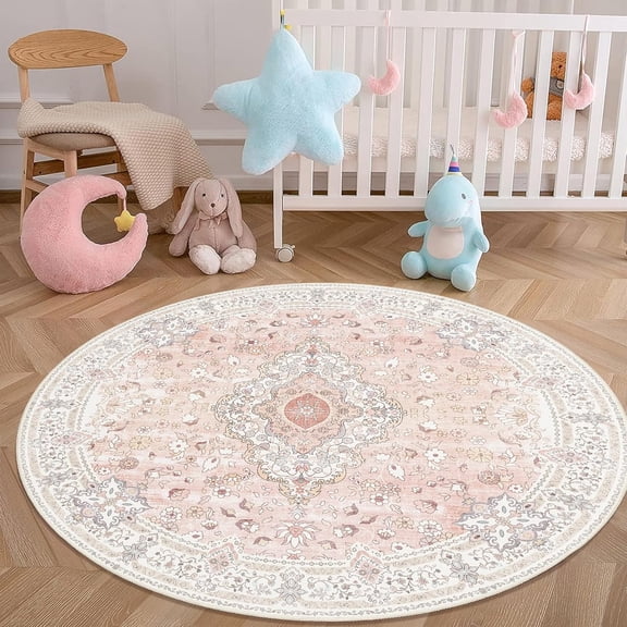Pink Rug 4x4 for Bedroom, Washable Area Rug for Living Room Dining Room Entryway, Non Slip Vintage Boho Rug for Kitchen Bathroom, Soft Low Pile Stain Resistant Floor Carpet Indoor