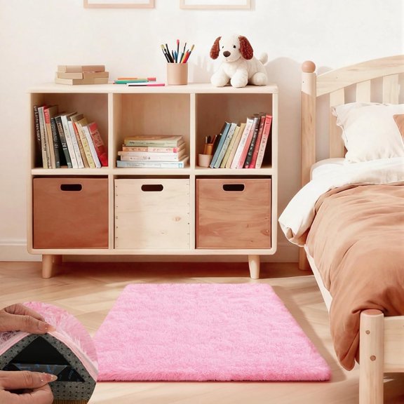 Pink Rug for Bedroom, 2x3 Fluffy Area Rugs for Living Room, Small Fuzzy Shag Soft Carpet with 4 Non-Slip Adhesive Strips for Kids Boys and Girls Nursery Dorm Room Home Decor (2ft X 3ft)