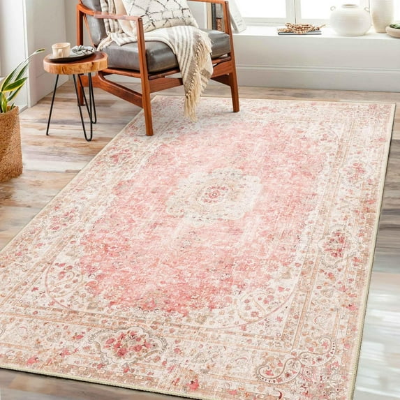 Pink Rug ,Washable Area Rugs For Bedroom Living Room Kitchen Entryway,Small Boho Vintage Bohemian Distressed Non Slip Carpet,Blush 3x5ft