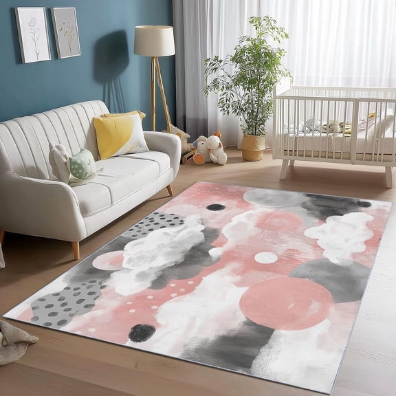 Pink Rug Washable Area Rugs for Bedroom Living Room Kitchen Entryway Bedside,Modern Abstract Polka Dots Clouds Non Slip Carpet,Floor Mat-2' x 3'