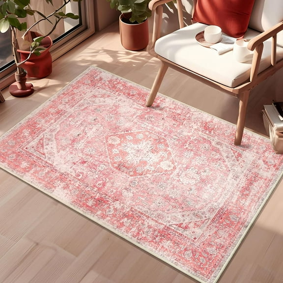 Pink Rugs for Bedroom Girls Small Boho Area Rug Washable Rugs for Entryway Non Slip Throw Carpet for Bathroom Door Mat Shower Room Entrance Soft Light Pink Floral Home Decor 2''x3''