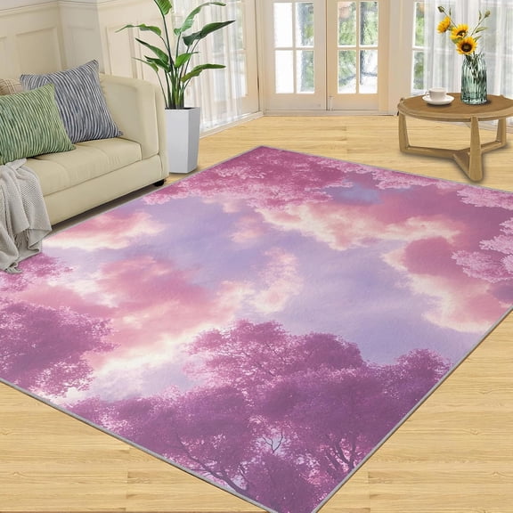 Pink Rugs for Living Room, Pink Clouds Rug & Home Decor, Forest Sky Area Rug, Non Slip Indoor Carpet Gifts-5' x 8'