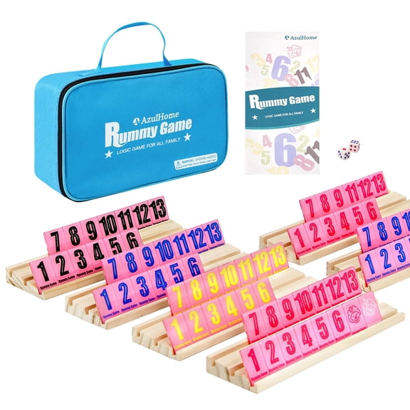 Pink Rummy Cube Game Set, 6 Player with 160 Large Easy-Read Tiles, 6 Wooden Racks & Travel Bag for Family Game Night