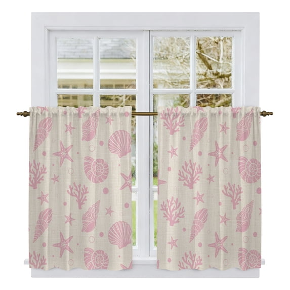Pink Rustic Coastal Kitchen Curtains 54 Inch Length, Nautical Seaside Starfish Coral Shell Tiers Curtains for Bathroom Bedroom Cafe, Light Filtering Small Window Treatment Drapes 2 Panels 42"Wx54"L