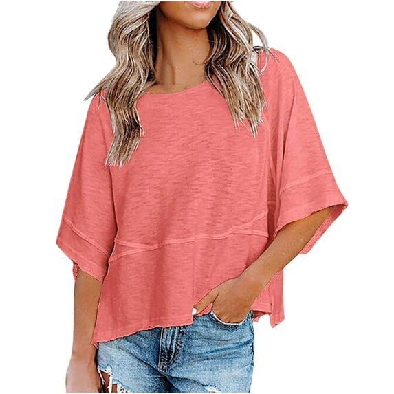 Pink S WIZUTIZ Tops for Women Trendy Oversize Vintage Cozy Style Shirts Short Sleeve Comfy Crew Neck Blouse Plus Ladies Linen Tshirts Summer-Beach Loose Fit T-shirt Lightweight Solid Tshi