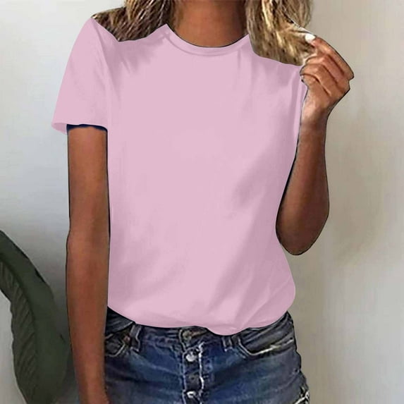 Pink S WIZUTIZ Womens Blouse Holiday Saving Cotton Soft Casual Fashion Tee Short Sleeve Flowy Crew Neck T-shirt Plus Size Solid Shirts Comfy Cotton Blend Blouse Tshirt Linen Elegant Ladies Tops Tshir