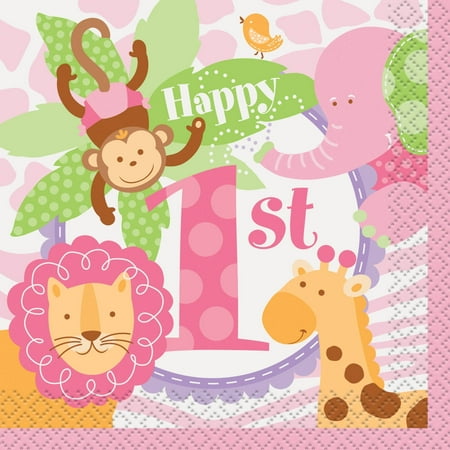Pink Safari 1st Birthday Beverage Napkins, 24ct