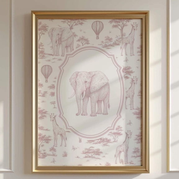 Pink Safari Nursery Print Chinoiserie Toile Animal Elephant Unframed Paper Print