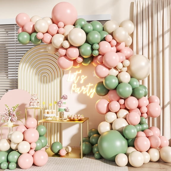 Pink and Sage Green Balloons Arch Kit for Birthday Decorations | 140Pcs Pastel Sage Green Pink Sand White Balloon Garland Arch Kit for Wedding Bridal Shower Spring Party Decor