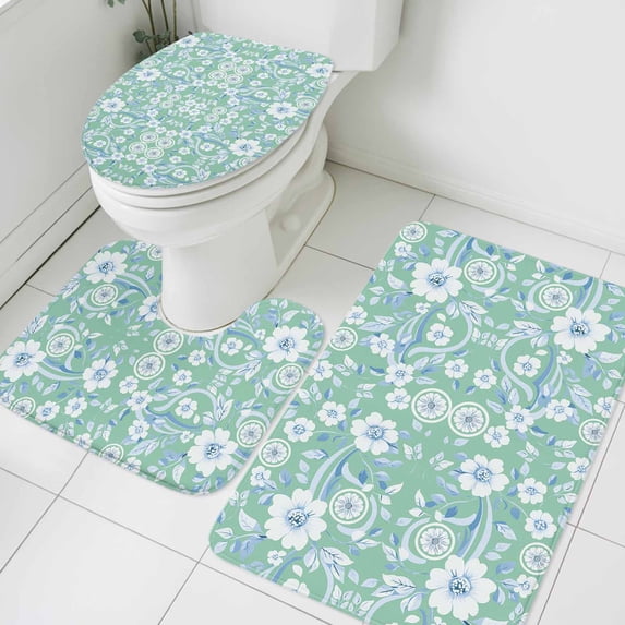 Pink Sage Green Bathroom Rugs Set Vintage Leaf Abstract Flower Pattern Non Slip Absorbent Soft Bath Mats 3 Piece Set with Bathroom Rug, U-Shaped Floor Mat, Toilet Seat Cover Large Size