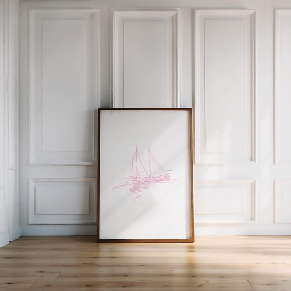 Pink Sailboat Line Art Print, Coastal Home Decor Unframed Paper Print