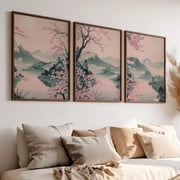 Pink Sakura Blossoms Tranquil Lake And Mountains 3 Piece Set Poster Pink Blooms Japanese Art Set 3 Set 3