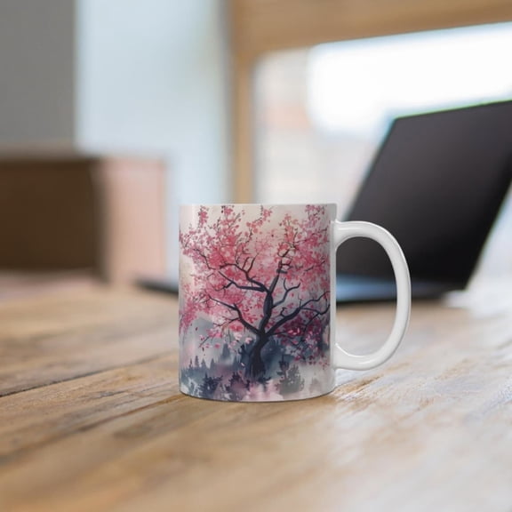 Pink Sakura Mountains Ceramic Mug, Beautiful Mountain Scenery Coffee Cup, Pink ry Tree Tea Cup, Nature Lover Gift, Nature Lover Gift Mug.