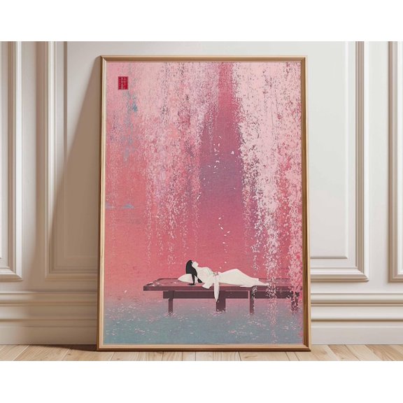 Pink Sakura Waterfall Wall Art Print, Unframed Paper Poster 8x10in