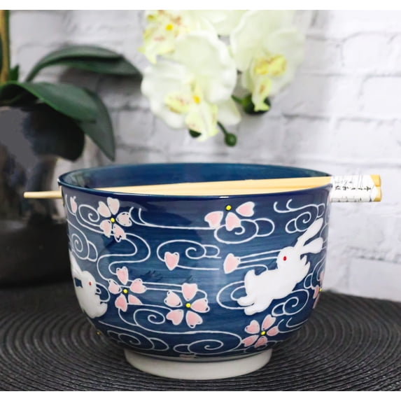 Pink Sakura White Rabbits Large 24Oz Donburi Ramen Bowl With Chopsticks Set