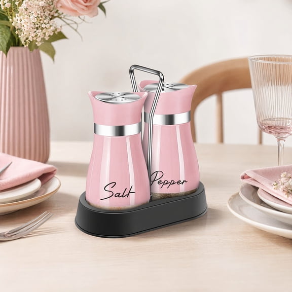 Pink Salt and Pepper Shakers Set with Holder,4 oz Kitchen Decor and Accessories Home Essentials Cute Household Items for Mother's Day Housewarming Gift Refillable Design (Pink)
