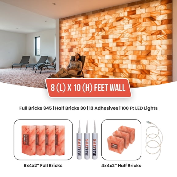 Pink Salt Wall Panel Kit, 8 ft x 10 ft, Bricks, Glue, LED Strip for Home, Spa and Sauna