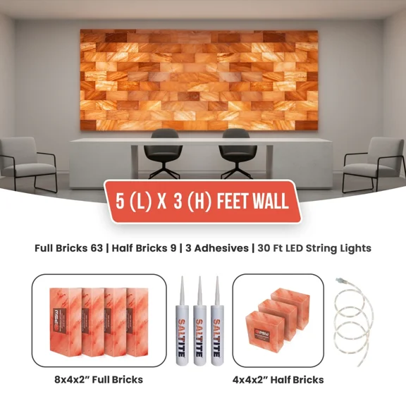 5 ft x 3 ft Pink Salt Wall Himalayan Salt Bricks Wall Panel Kit including Bricks, Glue, Map & Manual