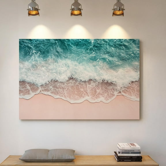 Pink Sand Beach Waves Art Print – Coastal Wall Decor, Aerial Ocean View, Tropical Seascape, Serene Minimalist Beach Aesthetic Wall Art, Modern Wall Decor, 8x12 UNFRAMED