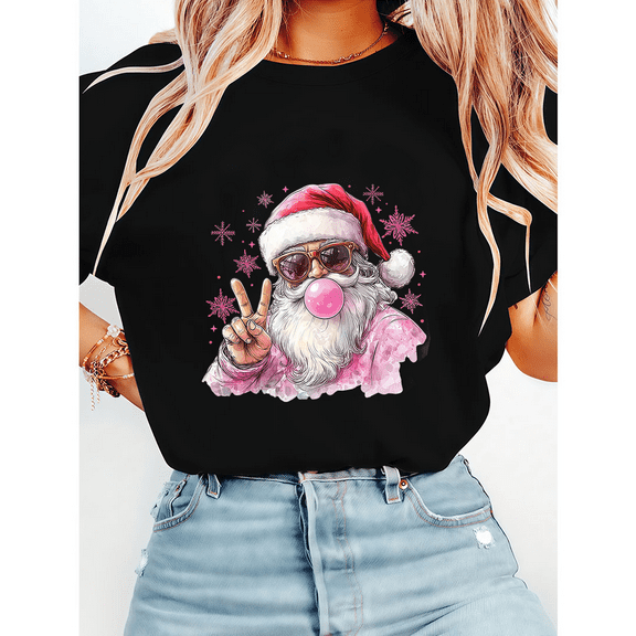 Pink Santa Blowing Bubble Print Tshirts Funny Santa Glasses Graphic Tees Family Matching Christmas Shirts Short Sleeve Cotton Tops Black,L