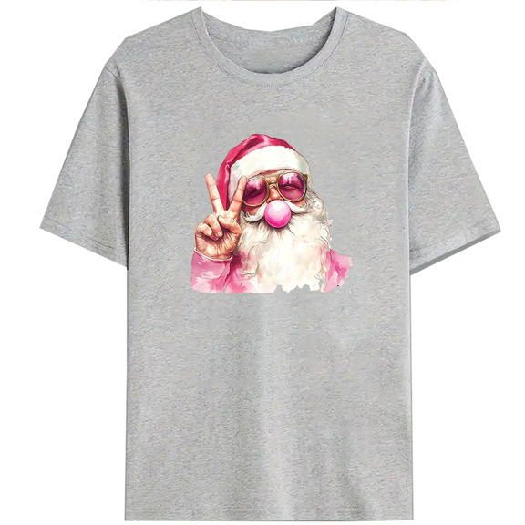 Pink Santa Bubble Gum Print Tshirts Santa Glasses Blowing Bubble Graphic Tees Funny Family Matching Christmas Shirt Short Sleeve Tops Gray,M