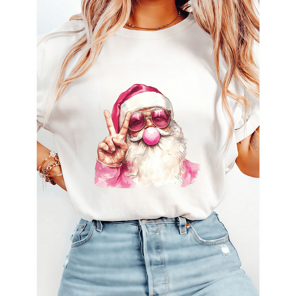 Pink Santa Bubble Gum Print Tshirts Santa Glasses Blowing Bubble Graphic Tees Funny Family Matching Christmas Shirt Short Sleeve Tops White,S
