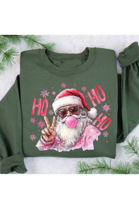 Pink Santa Bubble Gum Sweatshirt, Retro Santa Sweatshirt, Pink Santa Glasses Sweater, Santa Blowing Bubble Sweater,