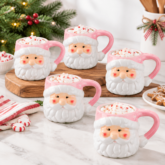 Pink Santa Ceramic Coffee Mugs, 16 oz, Set of 6, Holiday Drinkware