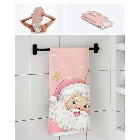 Pink Santa Christmas Bath Towels Set - Soft Absorbent Snowflake Pattern Merry Christmas Towels for Bathroom - 1 Bath, 1 Hand, 1 Washcloth