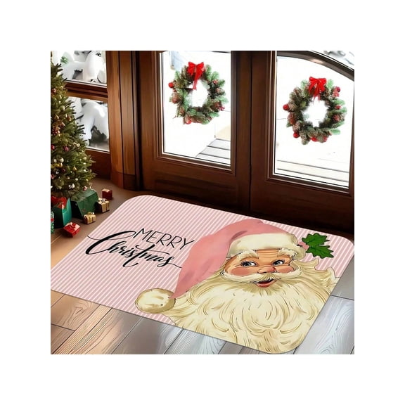 Pink Santa Christmas Doormat 4060cm, Polyester Crystal Flannel Non-Slip Dotted Back Front Door Mat, Indoor Outdoor Holiday Entrance Rug for Entryway Porch Xmas Decor