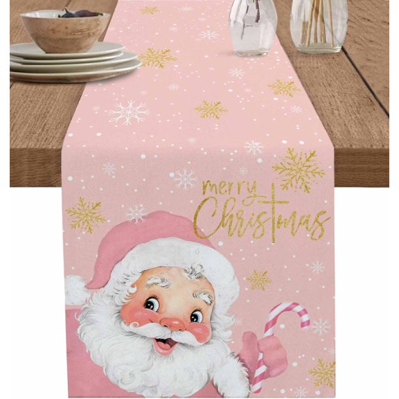 Pink Santa Christmas Table Runner 70 Inches Long, Xmas Winter Snowflake Farmhouse Dress Scarves, Merry Christmas Dining Tablerunner for Coffee Table/Kitchen Island/Party Christmas Décor, 13" x 70"