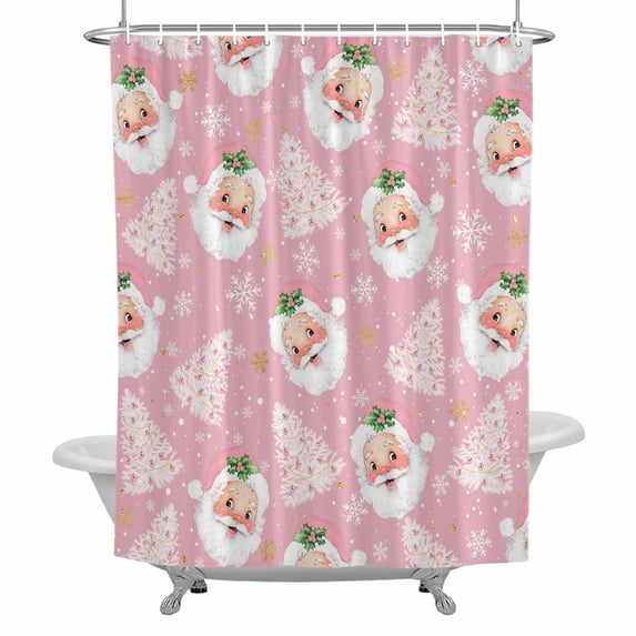 Pink Santa Claus Christmas Shower Curtain Set with Hooks, Xmas Tree Balls White Snowflake Waterproof Fabric Bathroom Curtains Decor Home Accessories,66 X 72 Inch Long