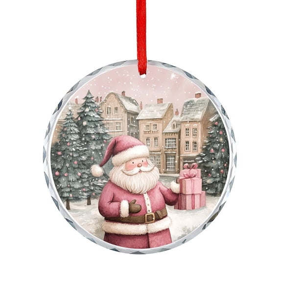 Pink Santa Claus Crystal Glass Christmas Ornament Christmas Tree Round Christmas Ornament Hanging Ornaments for Holiday Decoration