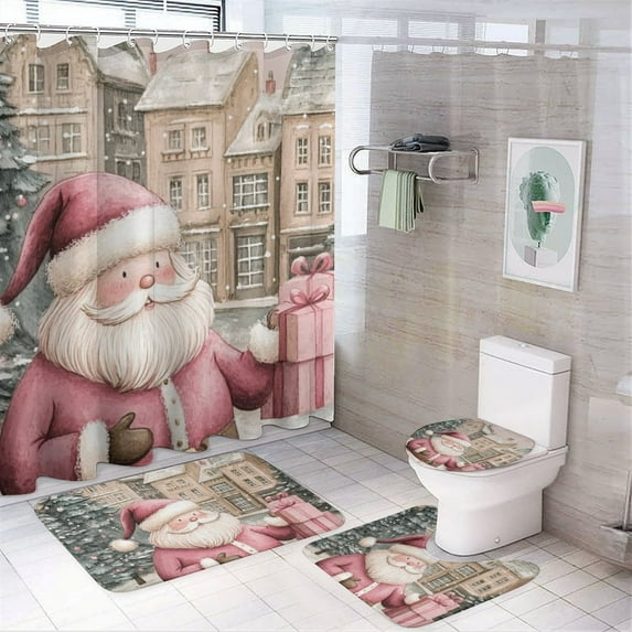 Pink Santa Claus Shower Curtain Sets 4 Piece Shower Curtain And Rugs Shower Curtain Set Santa Claus with Xmas Gift Waterproof Personality Pattern Bath Curtain for Bathroom Decor