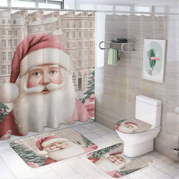 Pink Santa Claus Shower Curtain Sets with Rugs 4 Piece Bathroom Decor Set with Non-Slip Rugs Toilet Lid Cover And Bath Mat Santa Claus Decorative Waterproof Shower Curtain for Bathroom Decor Set