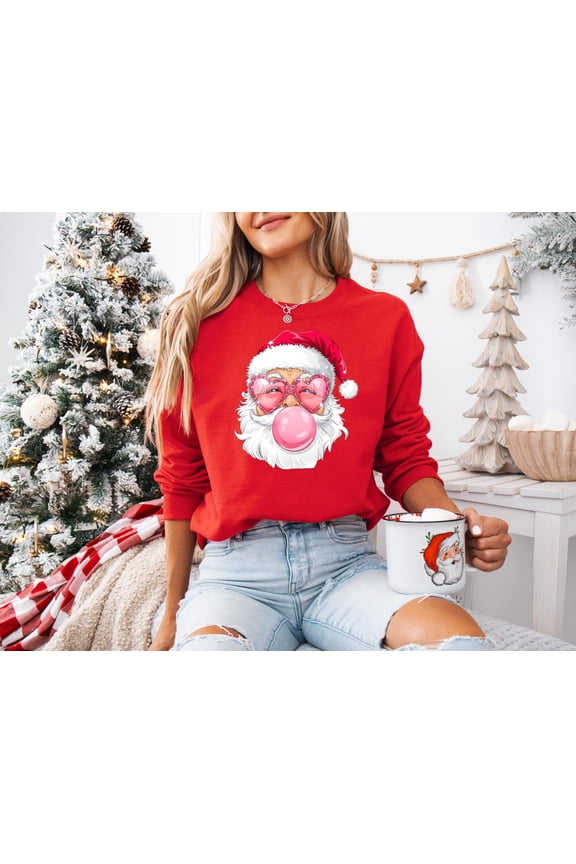 Pink Santa Claus Sweatshirt, Santa Claus Sunglasses Bubble Gum Shirt, Snarky Bad Santa Humor Sweatshirt, Sassy Santa Claus Shirt