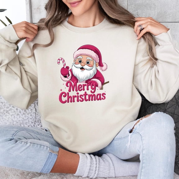 Pink Santa Merry Christmas Shirts Sweatshirts for Women Pink Christmas Matching Family Sweaters